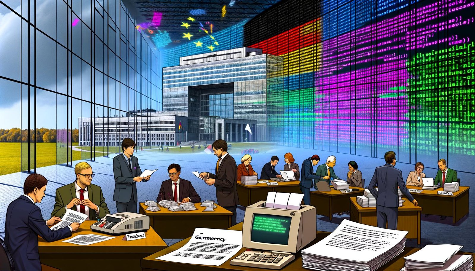 Collage von Illustrationen zur digitalen Transformation in deutschen Behörden: Von analogen Faxgeräten, Beamten und Papierstapeln hin zu futuristischer, transparenter Verwaltung mit Bürgerbeteiligung, Open Source-Software und digitalen Datenströmen. Moderne Infografiken, digitale Marktplätze und innovative Technologien stehen im Kontrast zur alten IT-Landschaft.