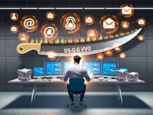 Digitaler Marketer an einem unordentlichen Schreibtisch mit Bildschirmen, DS-GVO-Schwert, leuchtenden Daten-Icons und rechtlichen Warnsymbolen.