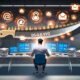 Digitaler Marketer an einem unordentlichen Schreibtisch mit Bildschirmen, DS-GVO-Schwert, leuchtenden Daten-Icons und rechtlichen Warnsymbolen.