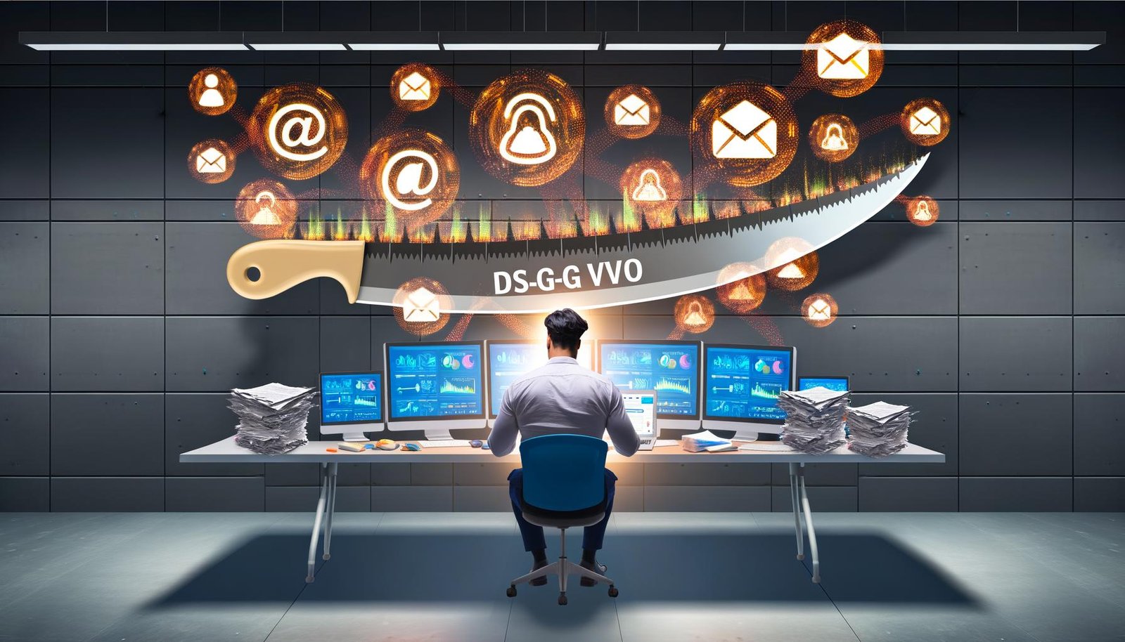 Digitaler Marketer an einem unordentlichen Schreibtisch mit Bildschirmen, DS-GVO-Schwert, leuchtenden Daten-Icons und rechtlichen Warnsymbolen.