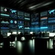 Digitale Kontrollzentrale mit modernen Bildschirmen, Marketer analysieren Echtzeitdaten, leuchtende Graphen und dynamische Heatmaps in einem High-Tech-Raum.