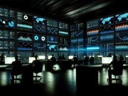 Digitale Kontrollzentrale mit modernen Bildschirmen, Marketer analysieren Echtzeitdaten, leuchtende Graphen und dynamische Heatmaps in einem High-Tech-Raum.