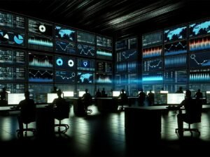 Digitale Kontrollzentrale mit modernen Bildschirmen, Marketer analysieren Echtzeitdaten, leuchtende Graphen und dynamische Heatmaps in einem High-Tech-Raum.