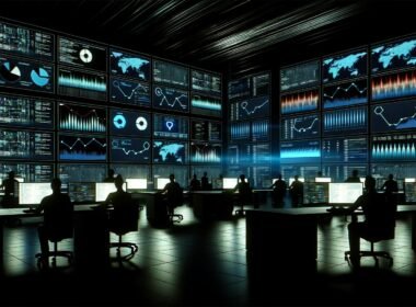 Digitale Kontrollzentrale mit modernen Bildschirmen, Marketer analysieren Echtzeitdaten, leuchtende Graphen und dynamische Heatmaps in einem High-Tech-Raum.