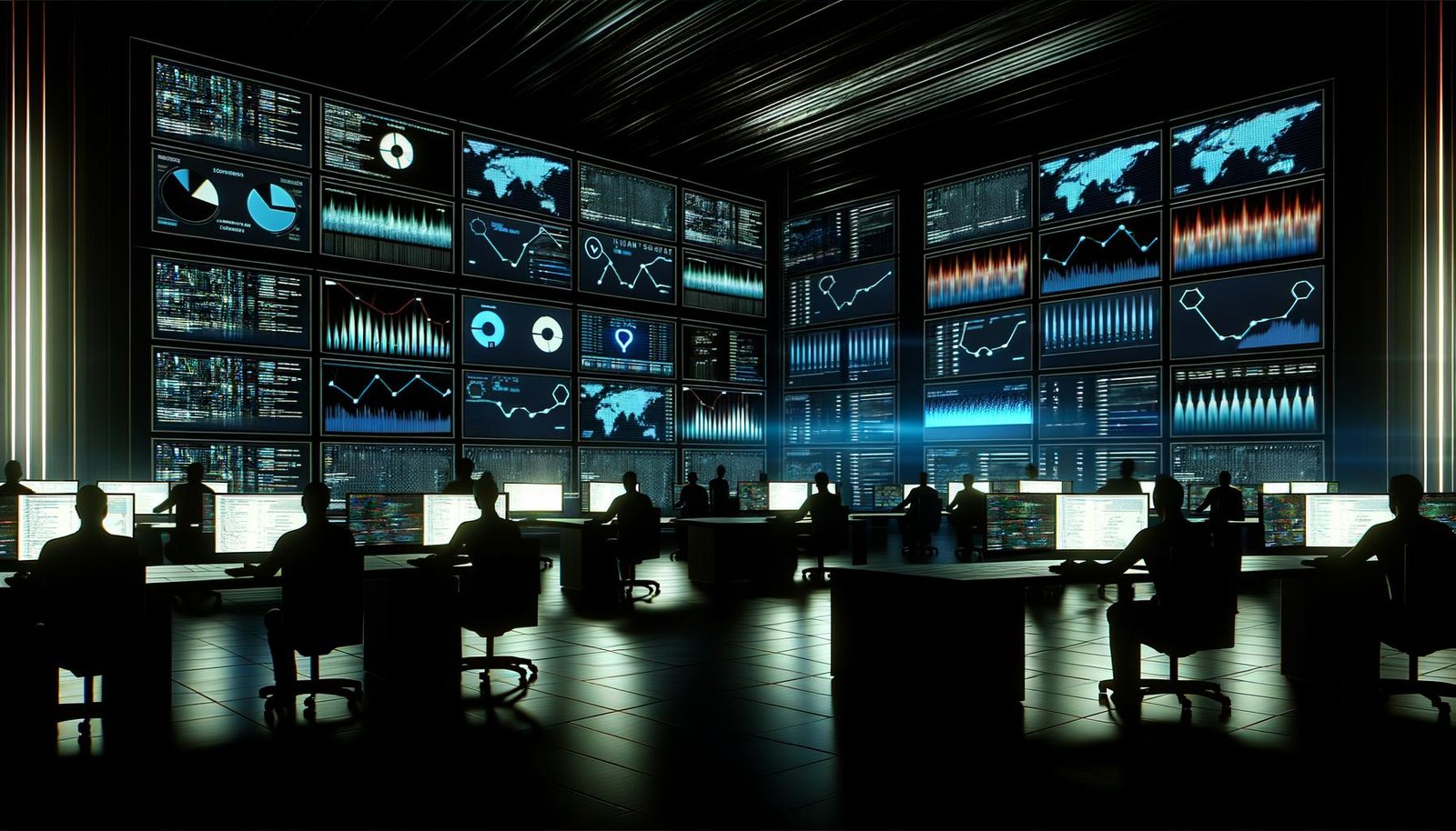 Digitale Kontrollzentrale mit modernen Bildschirmen, Marketer analysieren Echtzeitdaten, leuchtende Graphen und dynamische Heatmaps in einem High-Tech-Raum.
