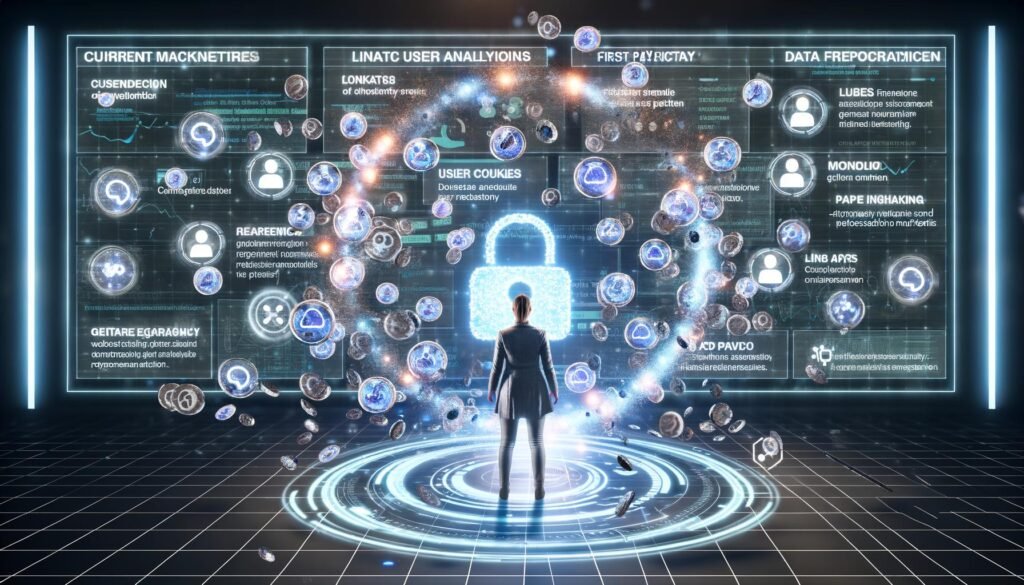 Futuristischer Arbeitsplatz mit Marketer, Echtzeit-Datenanalyse, vernetztem CRM, Website- und App-Daten, zerfallenden Third-Party-Cookies und GDPR-Datenschutzsymbol.