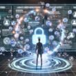 Futuristischer Arbeitsplatz mit Marketer, Echtzeit-Datenanalyse, vernetztem CRM, Website- und App-Daten, zerfallenden Third-Party-Cookies und GDPR-Datenschutzsymbol.
