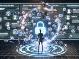 Futuristischer Arbeitsplatz mit Marketer, Echtzeit-Datenanalyse, vernetztem CRM, Website- und App-Daten, zerfallenden Third-Party-Cookies und GDPR-Datenschutzsymbol.