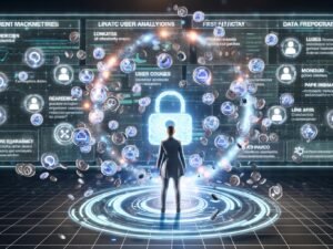 Futuristischer Arbeitsplatz mit Marketer, Echtzeit-Datenanalyse, vernetztem CRM, Website- und App-Daten, zerfallenden Third-Party-Cookies und GDPR-Datenschutzsymbol.