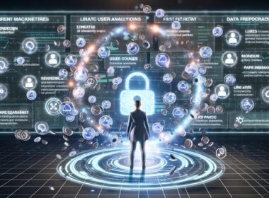 Futuristischer Arbeitsplatz mit Marketer, Echtzeit-Datenanalyse, vernetztem CRM, Website- und App-Daten, zerfallenden Third-Party-Cookies und GDPR-Datenschutzsymbol.