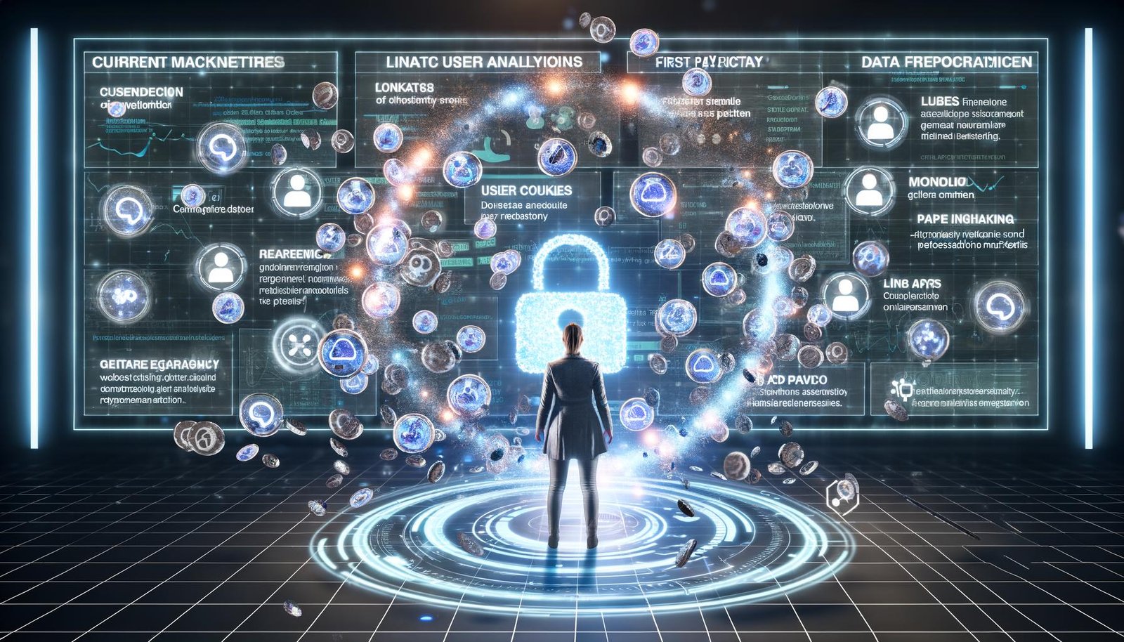 Futuristischer Arbeitsplatz mit Marketer, Echtzeit-Datenanalyse, vernetztem CRM, Website- und App-Daten, zerfallenden Third-Party-Cookies und GDPR-Datenschutzsymbol.