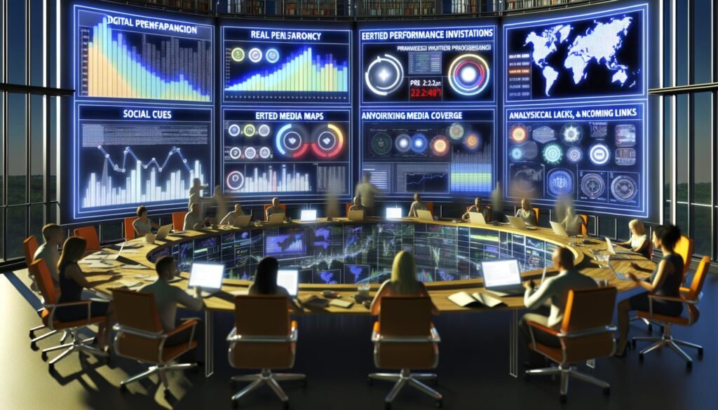 Diverse Teammitglieder diskutieren vor großen Monitoren mit einem farbenfrohen PR-Dashboard voller Echtzeitdaten, Diagramme, Medienanalysen und technischen Geräten.