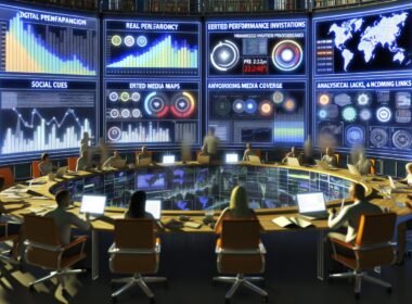 Diverse Teammitglieder diskutieren vor großen Monitoren mit einem farbenfrohen PR-Dashboard voller Echtzeitdaten, Diagramme, Medienanalysen und technischen Geräten.