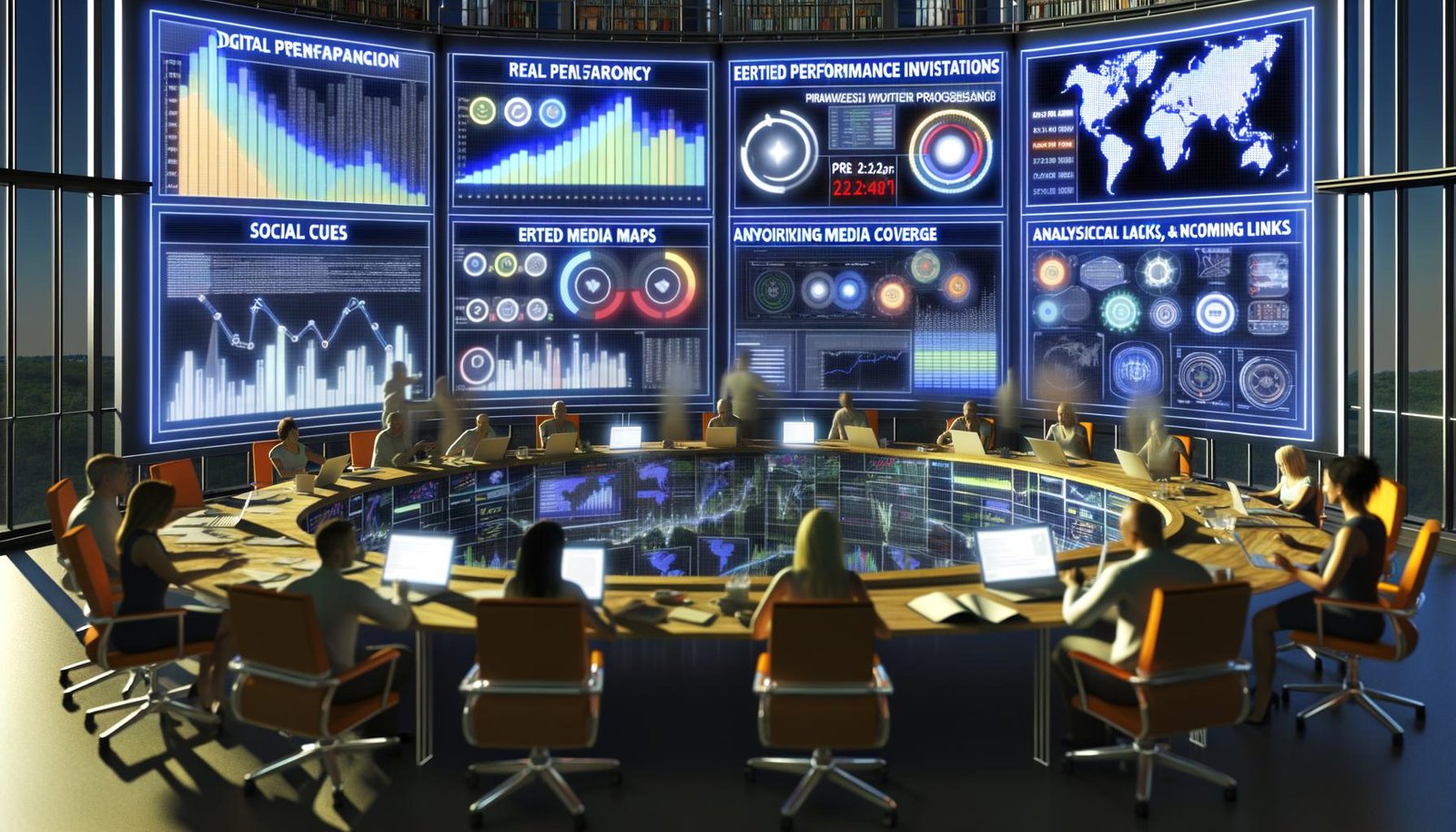 Diverse Teammitglieder diskutieren vor großen Monitoren mit einem farbenfrohen PR-Dashboard voller Echtzeitdaten, Diagramme, Medienanalysen und technischen Geräten.