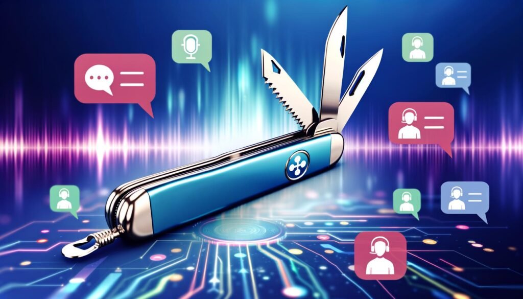 Modernes Schweizer Taschenmesser mit Icons für Chatbots, Alexa, Voice Search, SEO und Marketing vor digitalem, futuristischem Hintergrund mit Sprachblasen und Nutzern mit Headset