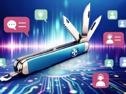 Modernes Schweizer Taschenmesser mit Icons für Chatbots, Alexa, Voice Search, SEO und Marketing vor digitalem, futuristischem Hintergrund mit Sprachblasen und Nutzern mit Headset