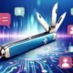Modernes Schweizer Taschenmesser mit Icons für Chatbots, Alexa, Voice Search, SEO und Marketing vor digitalem, futuristischem Hintergrund mit Sprachblasen und Nutzern mit Headset