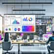 Dynamisches, modernes Büro mit Google Data Studio Dashboard, Online-Marketing-Profis, bunten Datenvisualisierungen und Post-Its zu KPIs und Datenquellen im Jahr 2024.