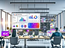 Dynamisches, modernes Büro mit Google Data Studio Dashboard, Online-Marketing-Profis, bunten Datenvisualisierungen und Post-Its zu KPIs und Datenquellen im Jahr 2024.