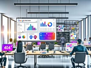 Dynamisches, modernes Büro mit Google Data Studio Dashboard, Online-Marketing-Profis, bunten Datenvisualisierungen und Post-Its zu KPIs und Datenquellen im Jahr 2024.