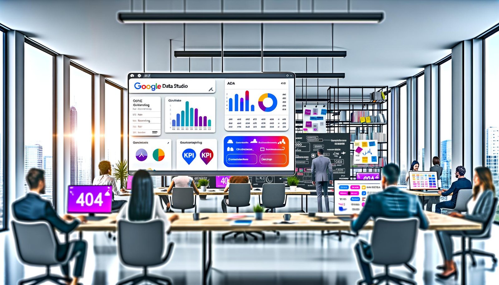 Dynamisches, modernes Büro mit Google Data Studio Dashboard, Online-Marketing-Profis, bunten Datenvisualisierungen und Post-Its zu KPIs und Datenquellen im Jahr 2024.