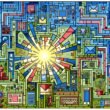 Moderne Illustration eines digitalen Labyrinths mit Social-Media-Icons, Datenströmen, Roboterarmen, Influencer-Figuren und einem Kontrast zu analogen Medien wie vergilbten Zeitungen und Faxgeräten.