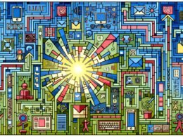 Moderne Illustration eines digitalen Labyrinths mit Social-Media-Icons, Datenströmen, Roboterarmen, Influencer-Figuren und einem Kontrast zu analogen Medien wie vergilbten Zeitungen und Faxgeräten.