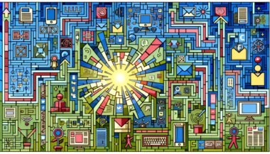 Moderne Illustration eines digitalen Labyrinths mit Social-Media-Icons, Datenströmen, Roboterarmen, Influencer-Figuren und einem Kontrast zu analogen Medien wie vergilbten Zeitungen und Faxgeräten.