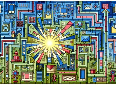 Moderne Illustration eines digitalen Labyrinths mit Social-Media-Icons, Datenströmen, Roboterarmen, Influencer-Figuren und einem Kontrast zu analogen Medien wie vergilbten Zeitungen und Faxgeräten.