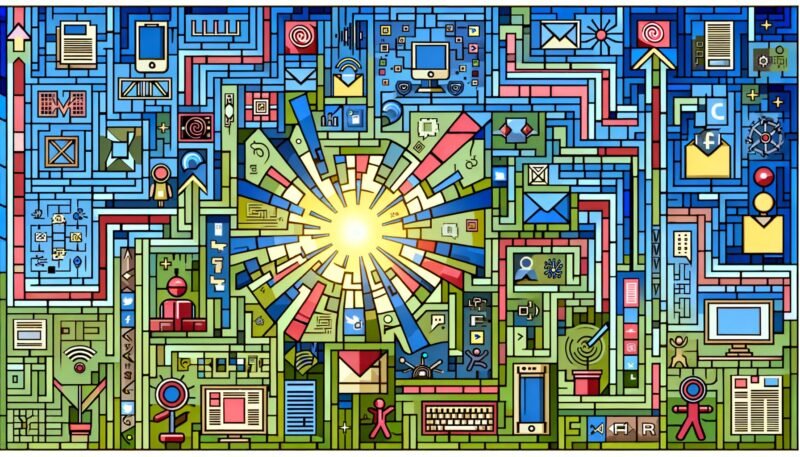Moderne Illustration eines digitalen Labyrinths mit Social-Media-Icons, Datenströmen, Roboterarmen, Influencer-Figuren und einem Kontrast zu analogen Medien wie vergilbten Zeitungen und Faxgeräten.