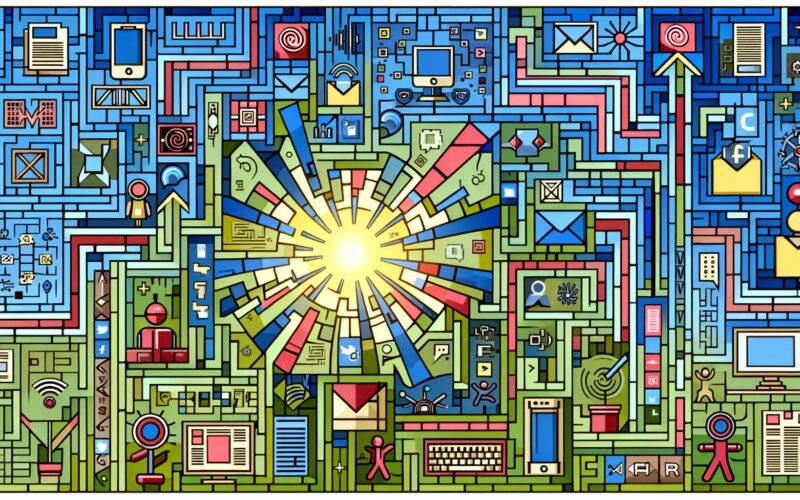 Moderne Illustration eines digitalen Labyrinths mit Social-Media-Icons, Datenströmen, Roboterarmen, Influencer-Figuren und einem Kontrast zu analogen Medien wie vergilbten Zeitungen und Faxgeräten.