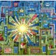Moderne Illustration eines digitalen Labyrinths mit Social-Media-Icons, Datenströmen, Roboterarmen, Influencer-Figuren und einem Kontrast zu analogen Medien wie vergilbten Zeitungen und Faxgeräten.