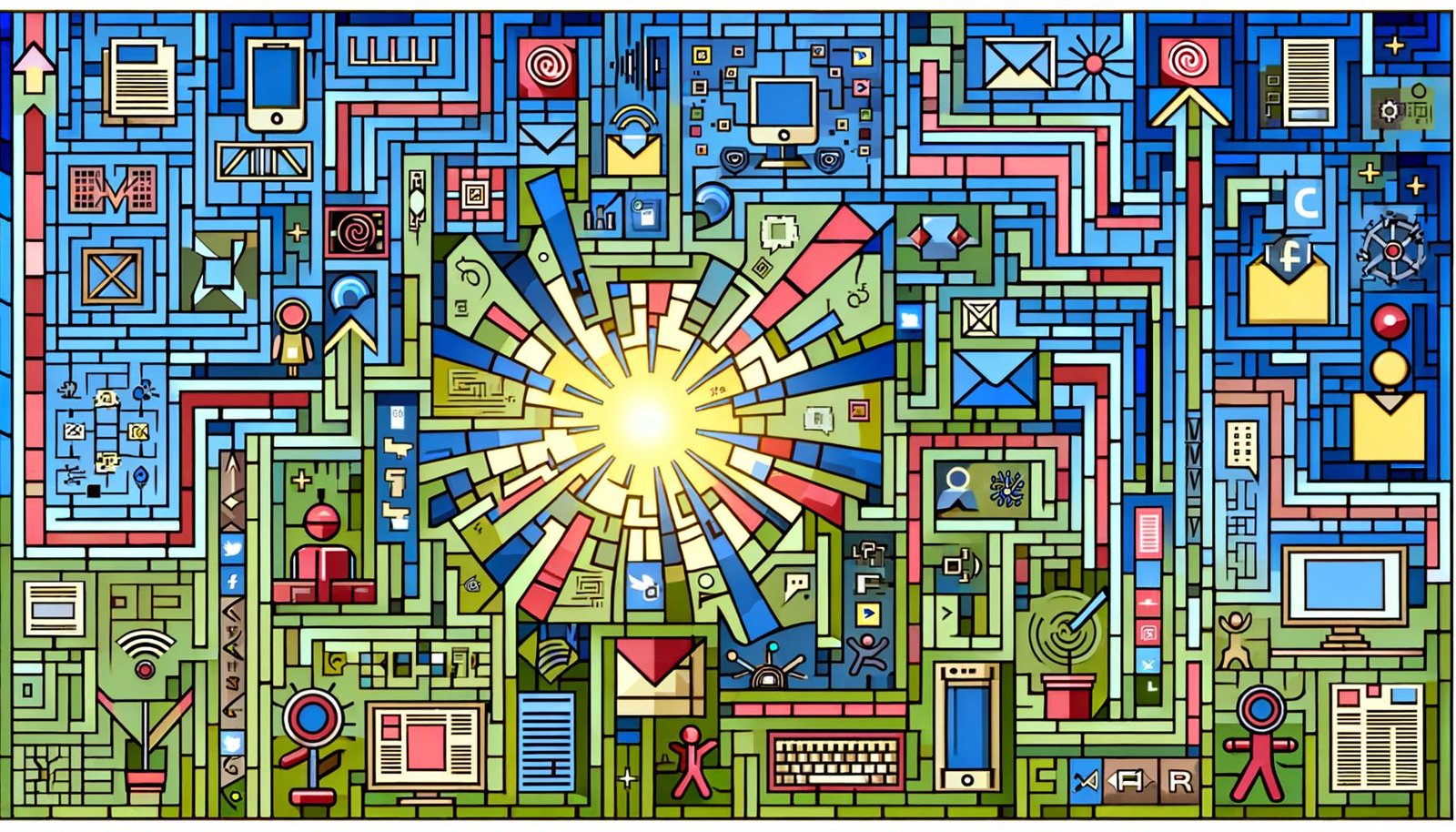 Moderne Illustration eines digitalen Labyrinths mit Social-Media-Icons, Datenströmen, Roboterarmen, Influencer-Figuren und einem Kontrast zu analogen Medien wie vergilbten Zeitungen und Faxgeräten.