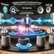 Futuristisches Büro mit Marketer vor holografischem Display, das Voiceflow Conversational Flows, Slot-Abfragen und Datenintegrationen zeigt. Smarte Lautsprecher, Smartphones und Laptops in moderner Marketingumgebung.
