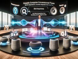 Futuristisches Büro mit Marketer vor holografischem Display, das Voiceflow Conversational Flows, Slot-Abfragen und Datenintegrationen zeigt. Smarte Lautsprecher, Smartphones und Laptops in moderner Marketingumgebung.
