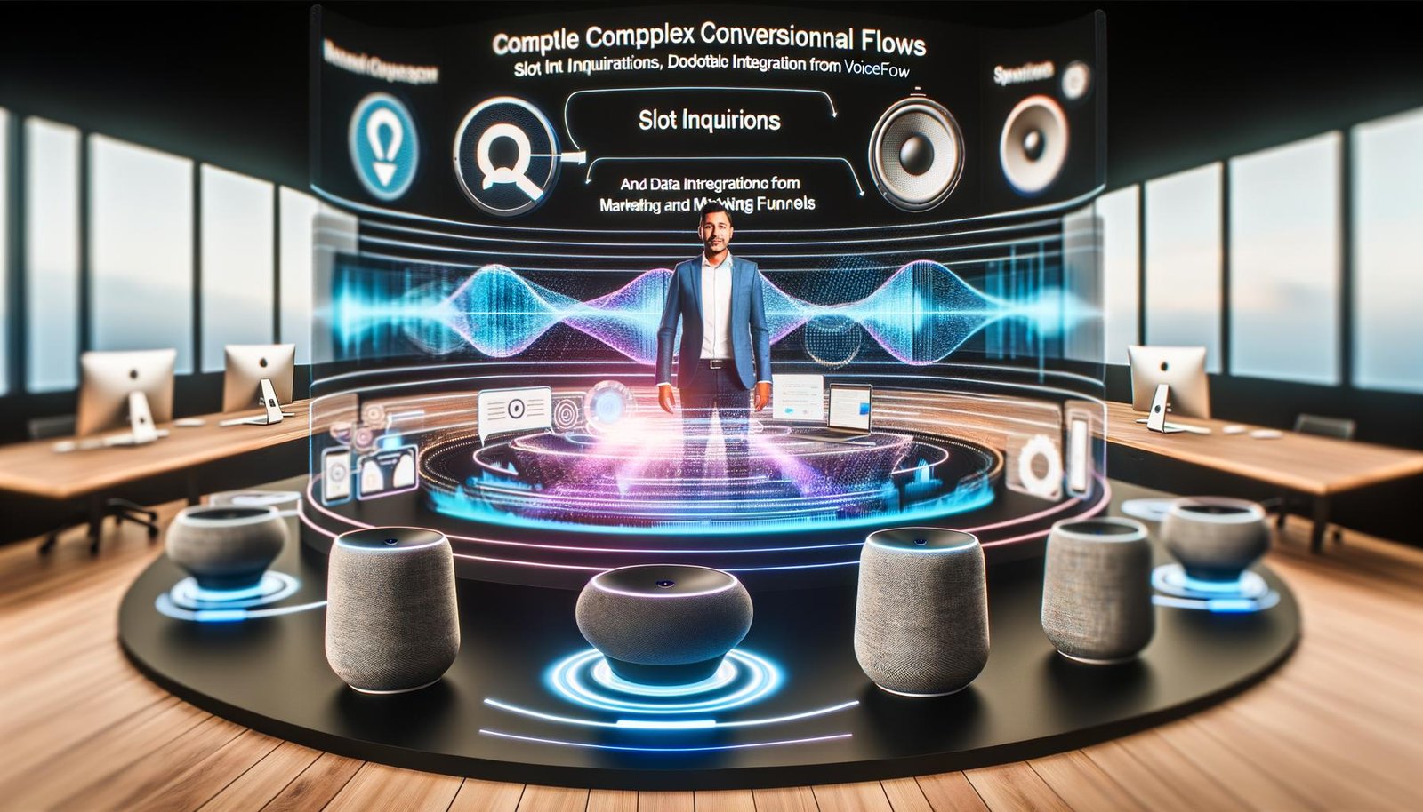 Futuristisches Büro mit Marketer vor holografischem Display, das Voiceflow Conversational Flows, Slot-Abfragen und Datenintegrationen zeigt. Smarte Lautsprecher, Smartphones und Laptops in moderner Marketingumgebung.