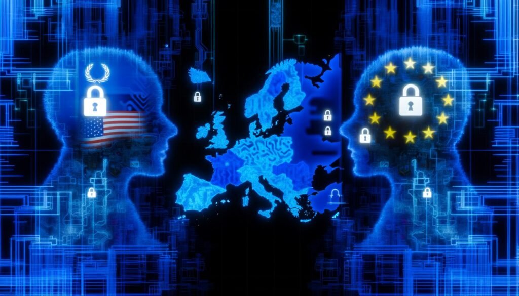 Europakarte aus digitalen Schaltkreisen leuchtet blau zwischen US- und China-Tech-Silhouetten, abgeschirmt von digitalen Sperren mit Schlössern und Regulierungen, einige Kabel notdürftig repariert.
