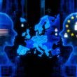 Europakarte aus digitalen Schaltkreisen leuchtet blau zwischen US- und China-Tech-Silhouetten, abgeschirmt von digitalen Sperren mit Schlössern und Regulierungen, einige Kabel notdürftig repariert.