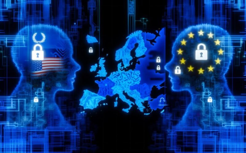 Europakarte aus digitalen Schaltkreisen leuchtet blau zwischen US- und China-Tech-Silhouetten, abgeschirmt von digitalen Sperren mit Schlössern und Regulierungen, einige Kabel notdürftig repariert.