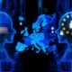 Europakarte aus digitalen Schaltkreisen leuchtet blau zwischen US- und China-Tech-Silhouetten, abgeschirmt von digitalen Sperren mit Schlössern und Regulierungen, einige Kabel notdürftig repariert.