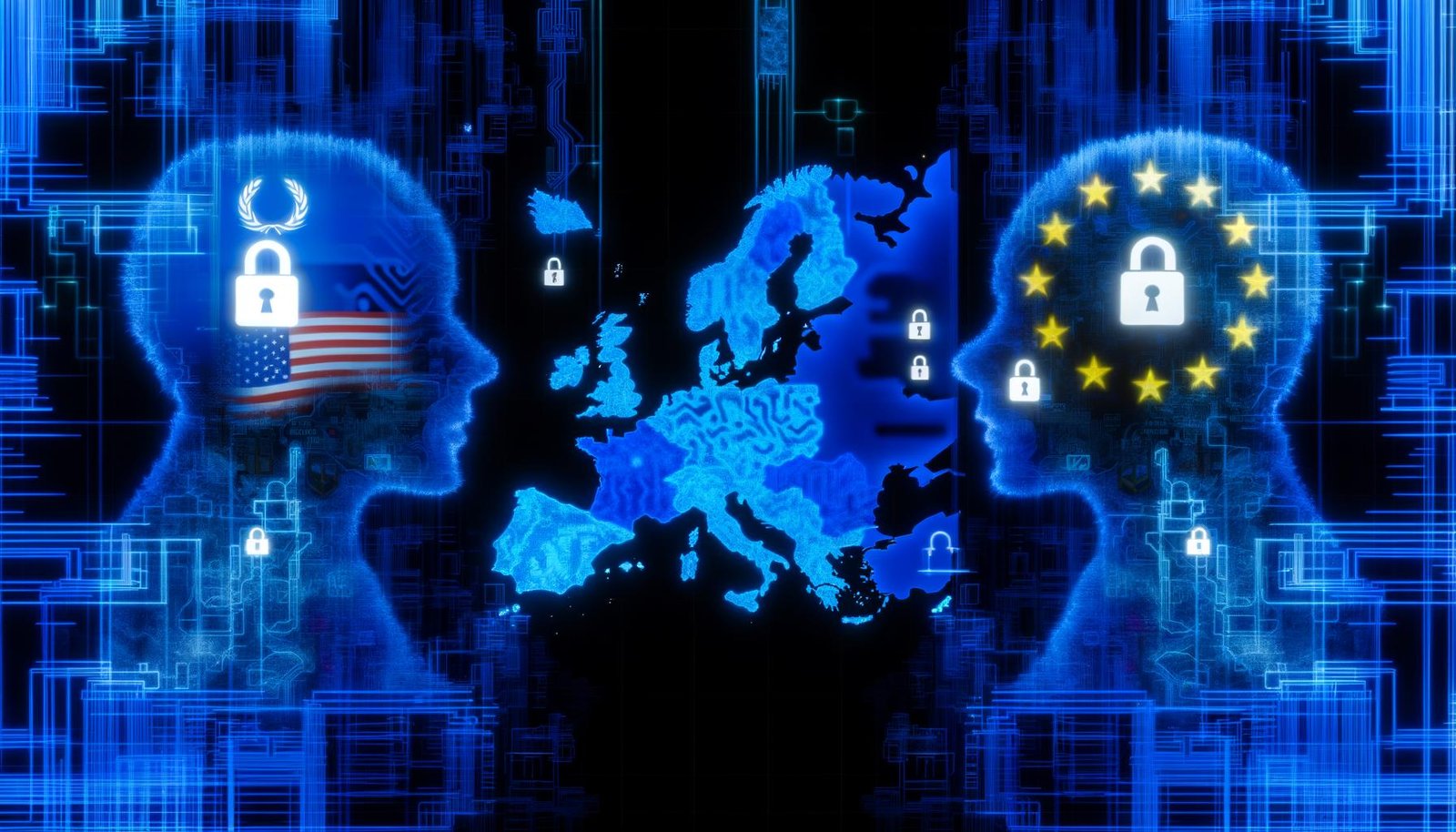 Europakarte aus digitalen Schaltkreisen leuchtet blau zwischen US- und China-Tech-Silhouetten, abgeschirmt von digitalen Sperren mit Schlössern und Regulierungen, einige Kabel notdürftig repariert.