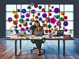 Überladener Schreibtisch mit verstreuten Marketingdaten, gestresstem Marketer und schwebenden Symbolen für verschiedene Marketing-Tools in einem modernen Büro.
