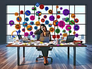 Überladener Schreibtisch mit verstreuten Marketingdaten, gestresstem Marketer und schwebenden Symbolen für verschiedene Marketing-Tools in einem modernen Büro.