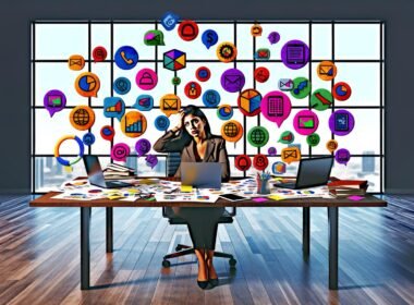 Überladener Schreibtisch mit verstreuten Marketingdaten, gestresstem Marketer und schwebenden Symbolen für verschiedene Marketing-Tools in einem modernen Büro.