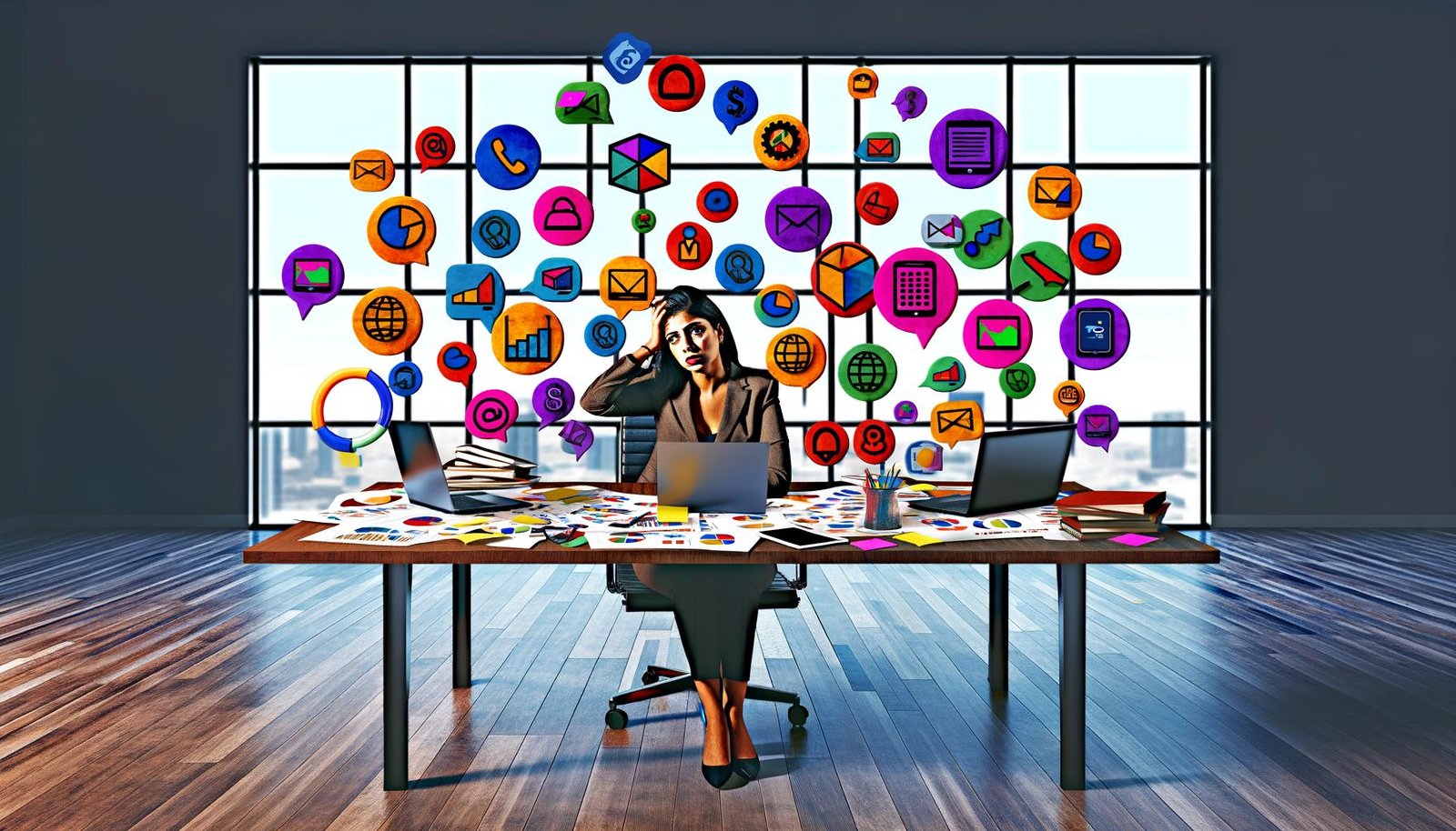 Überladener Schreibtisch mit verstreuten Marketingdaten, gestresstem Marketer und schwebenden Symbolen für verschiedene Marketing-Tools in einem modernen Büro.