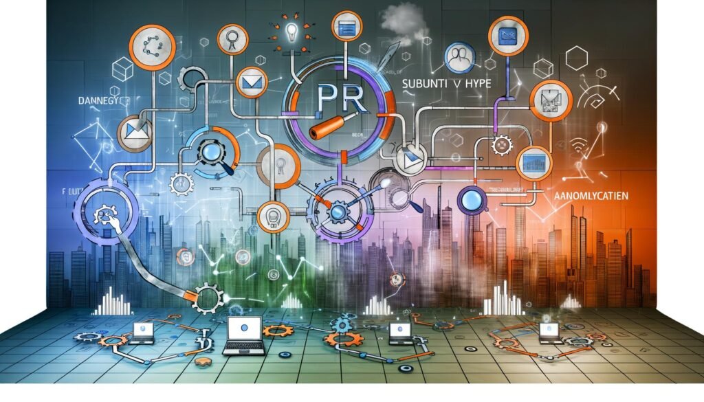 Dynamische Grafik eines multifunktionalen digitalen PR-Frameworks mit Netzwerk aus Strategie-, Technologie-, Content- und Analysesymbolen, modernen Dashboards, SEO-Icons und automatisierten Tools vor urbaner Skyline.