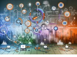 Dynamische Grafik eines multifunktionalen digitalen PR-Frameworks mit Netzwerk aus Strategie-, Technologie-, Content- und Analysesymbolen, modernen Dashboards, SEO-Icons und automatisierten Tools vor urbaner Skyline.