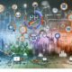 Dynamische Grafik eines multifunktionalen digitalen PR-Frameworks mit Netzwerk aus Strategie-, Technologie-, Content- und Analysesymbolen, modernen Dashboards, SEO-Icons und automatisierten Tools vor urbaner Skyline.