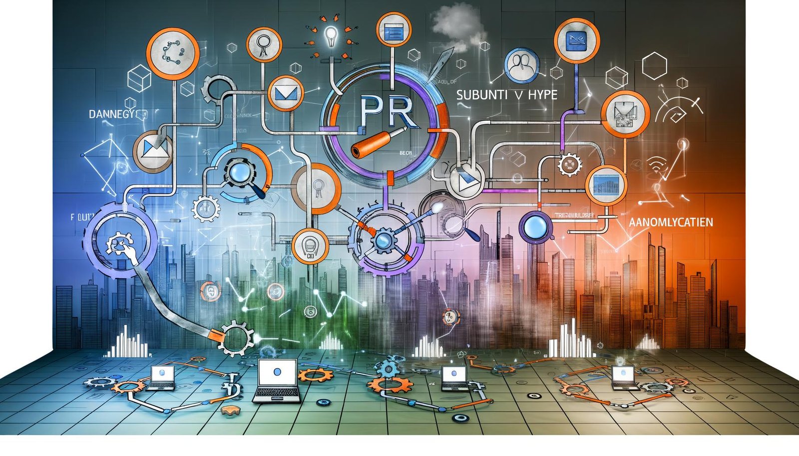 Dynamische Grafik eines multifunktionalen digitalen PR-Frameworks mit Netzwerk aus Strategie-, Technologie-, Content- und Analysesymbolen, modernen Dashboards, SEO-Icons und automatisierten Tools vor urbaner Skyline.