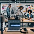 Junge, diverse Gruppe im stylischen Podcast-Studio plant konzentriert Aufnahmen und Workflow-Automation an Laptops mit Voiceflow-Diagramm auf großem Bildschirm.